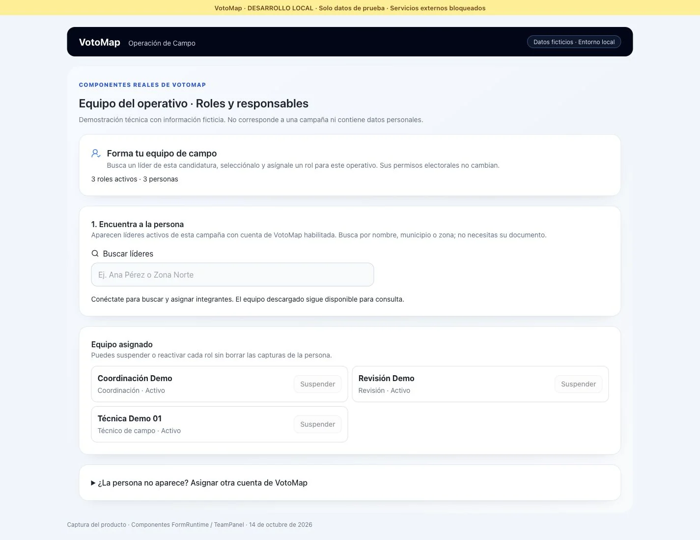 Interfaz real de VotoMap: equipo de campo con coordinación, técnica y revisión, usando datos ficticios.