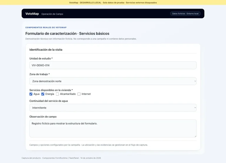 Formulário real de trabalho de campo do Votomap em espanhol, com dados de demonstração.