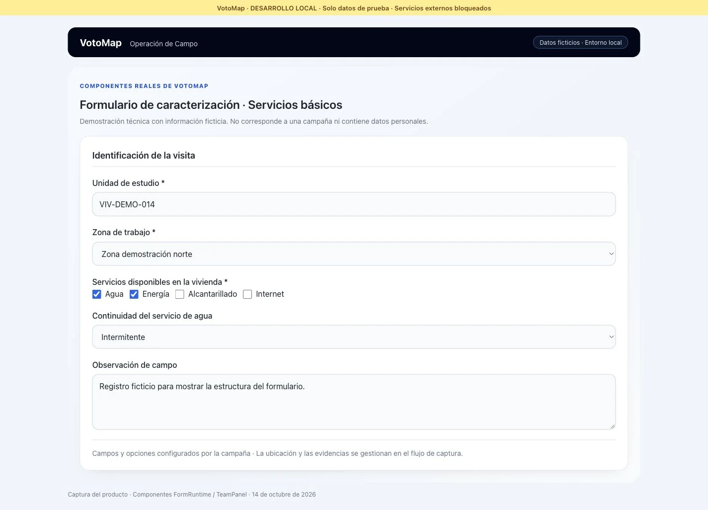 Formulario real de VotoMap con unidad de estudio, zona y opciones de servicios básicos, usando respuestas ficticias.